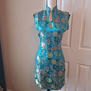 Huangchao Mandarin Collar Dress Size XL turquoise floral sleeveless